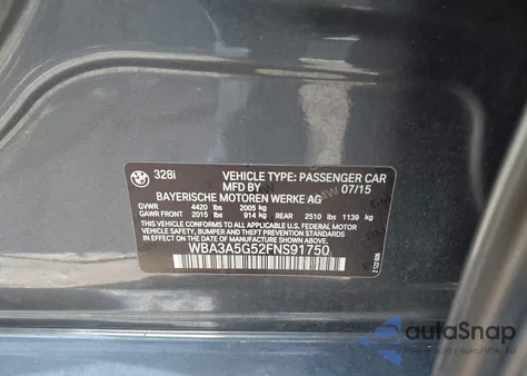 2015 BMW 328I z USA, uszkodzony, nr VIN WBA3A5G52FNS91750